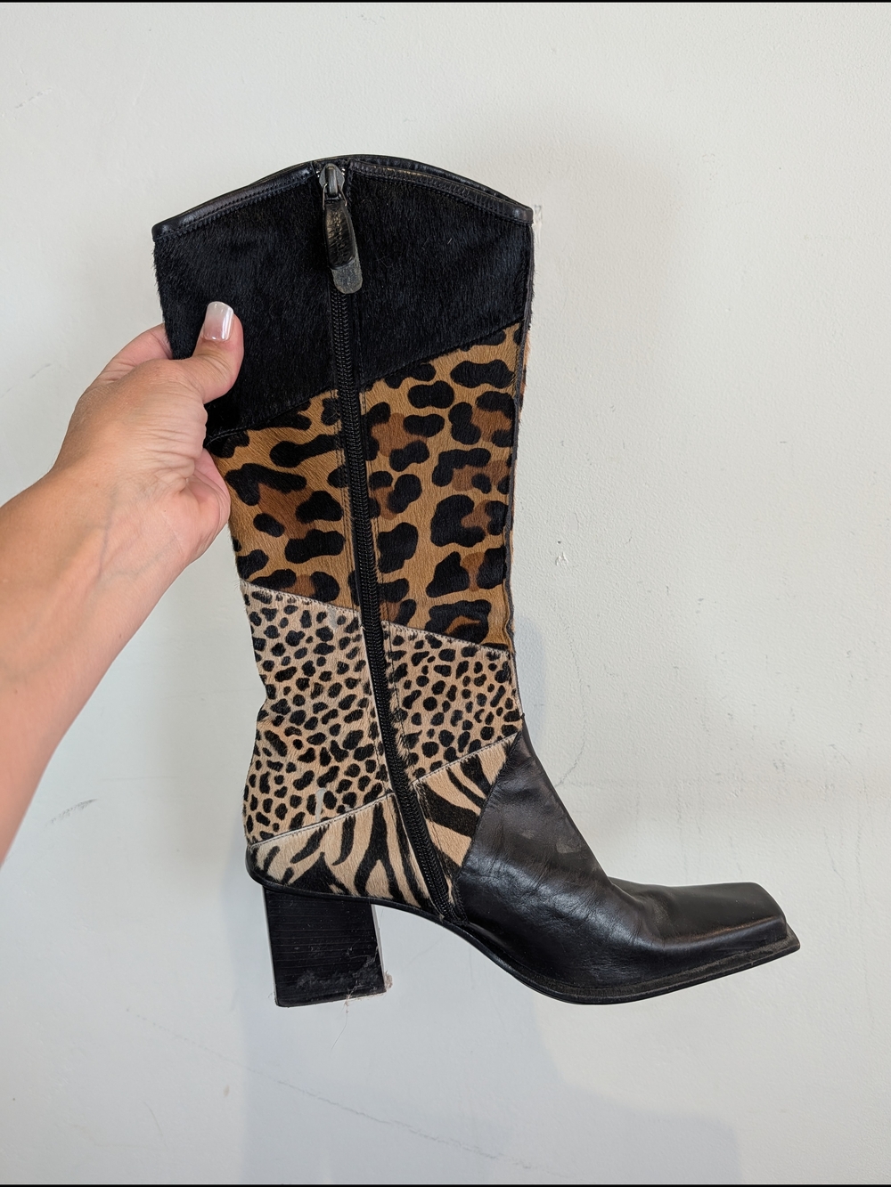 Vero Cuoio Black and Tan Leopard Patchwork Mid-Calf Boot, Size 38 - Picture 2 of 7
